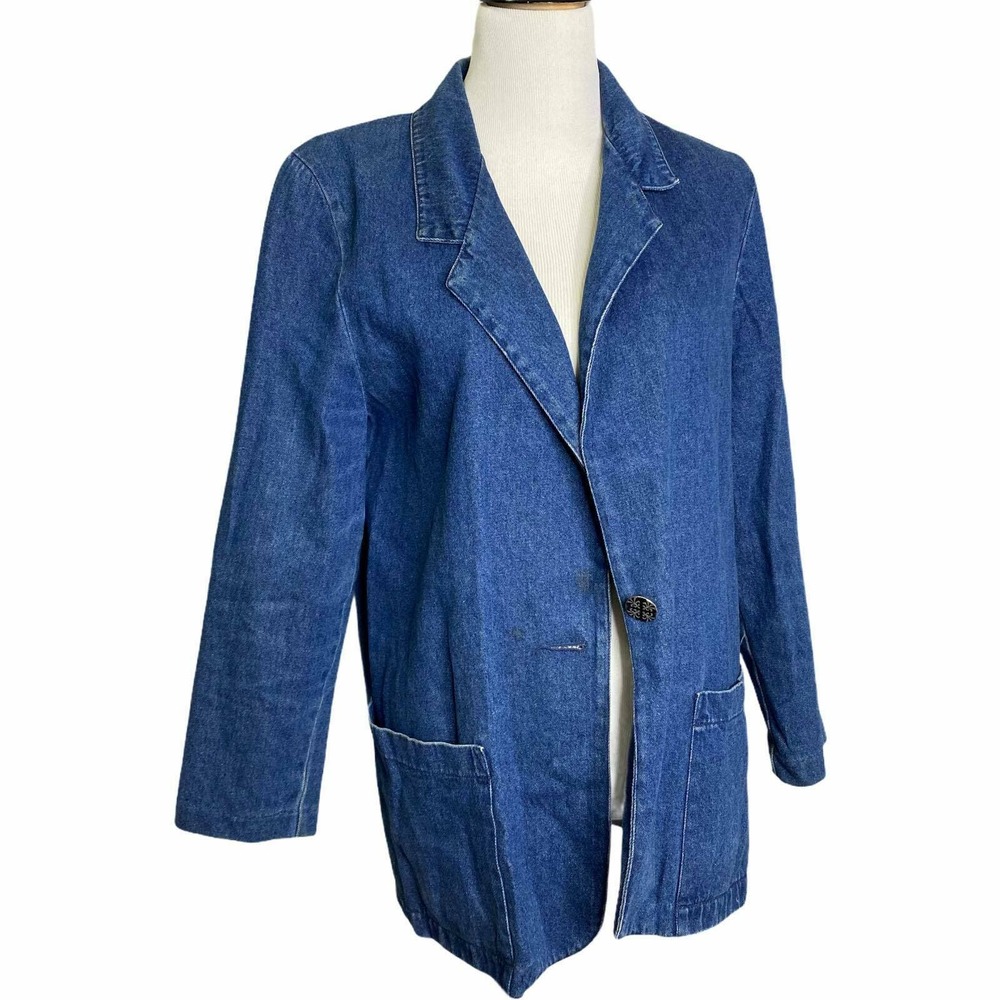 Lisa Josephs Women's Denim Jacket Blazer Blue Cotton Pockets Silver‎ Button M